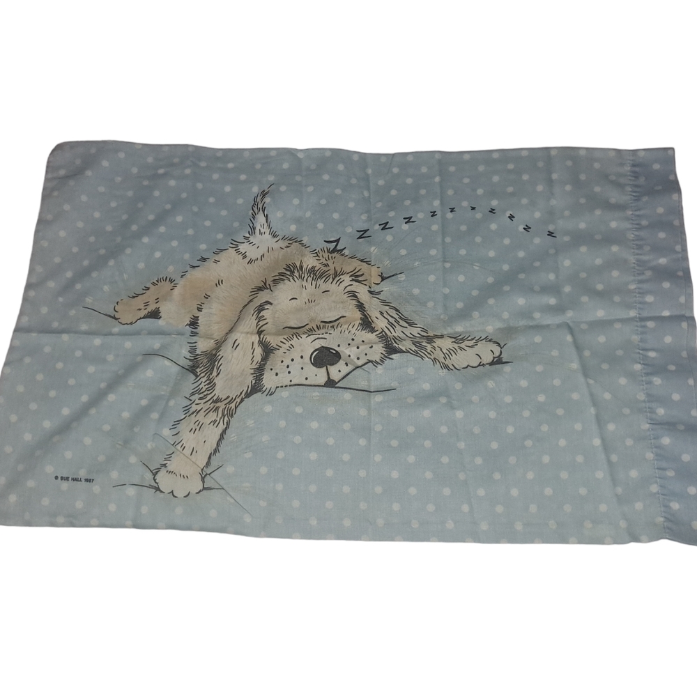 LOT of 3 Vintage Pillow Cases Blue White Poka dots Sue Hall 1987 dog doggy cute